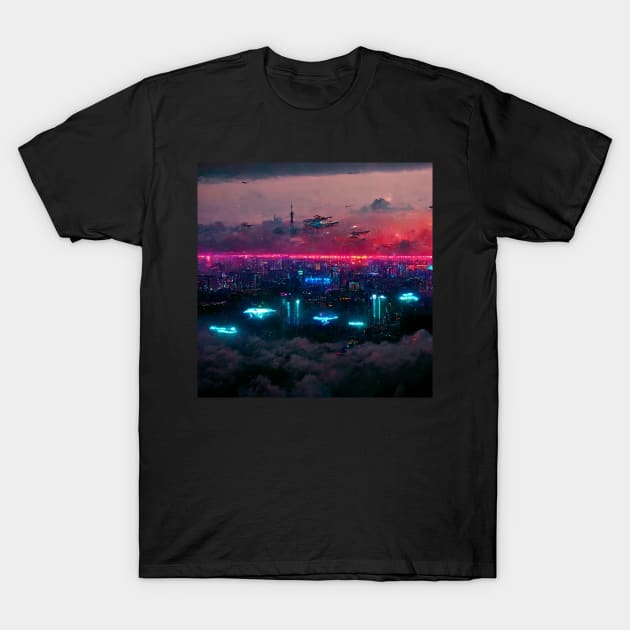 High Sphere - Cyberpunk Cityscape Skyline T-Shirt by ArkMinted